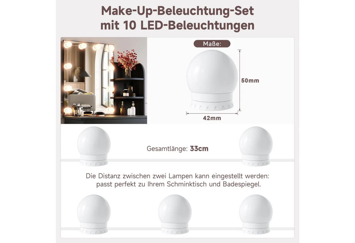 SONNI Schminktisch mit Beleuchtung Schwarz/Rosa/Weiß 70x40x140cm - Bild 4