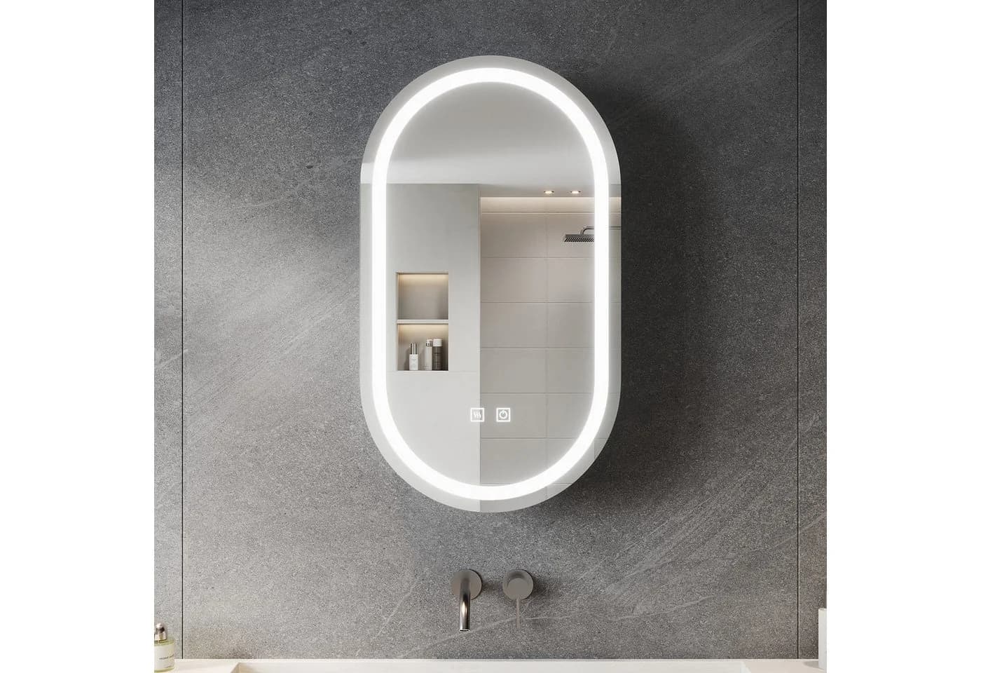 SONNI Badezimmerspiegelschrank Oval mit dreifarbigem Licht, beschlagfrei