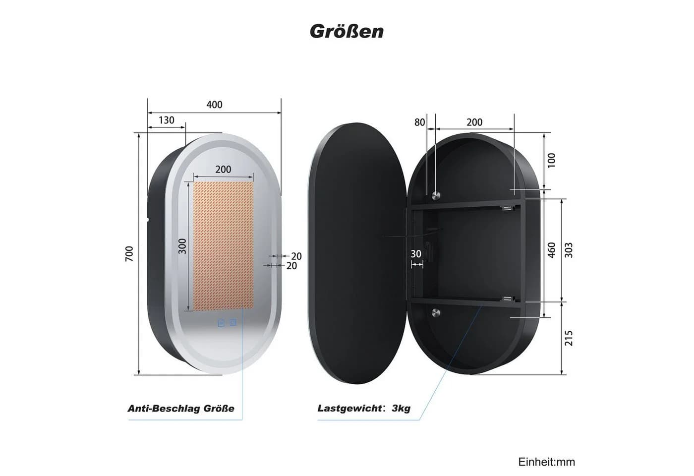 SONNI Badezimmerspiegelschrank Oval mit dreifarbigem Licht, beschlagfrei - Bild 4
