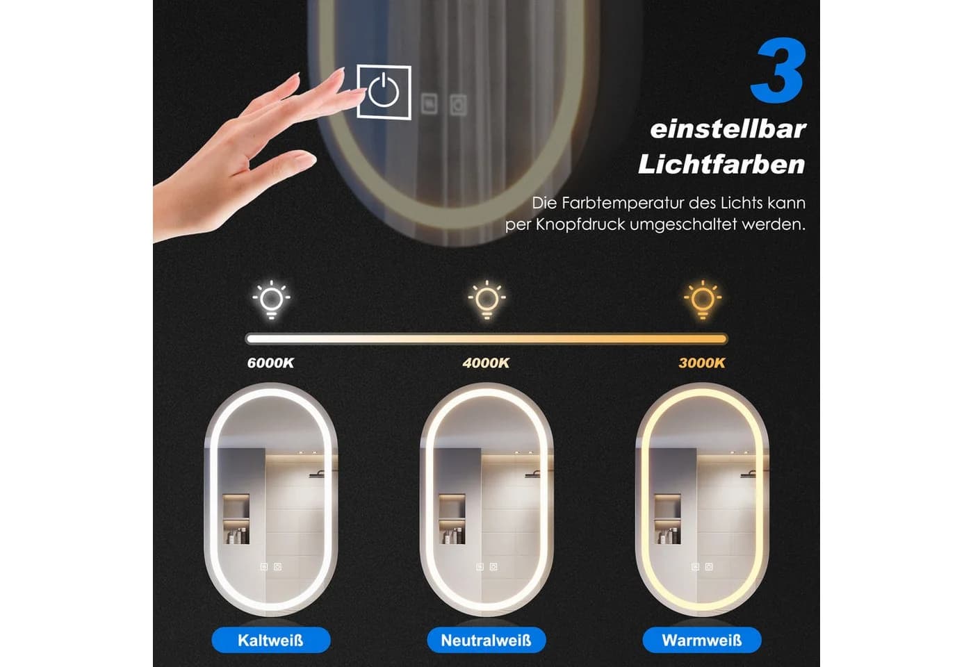 SONNI Badezimmerspiegelschrank Oval mit dreifarbigem Licht, beschlagfrei - Bild 5