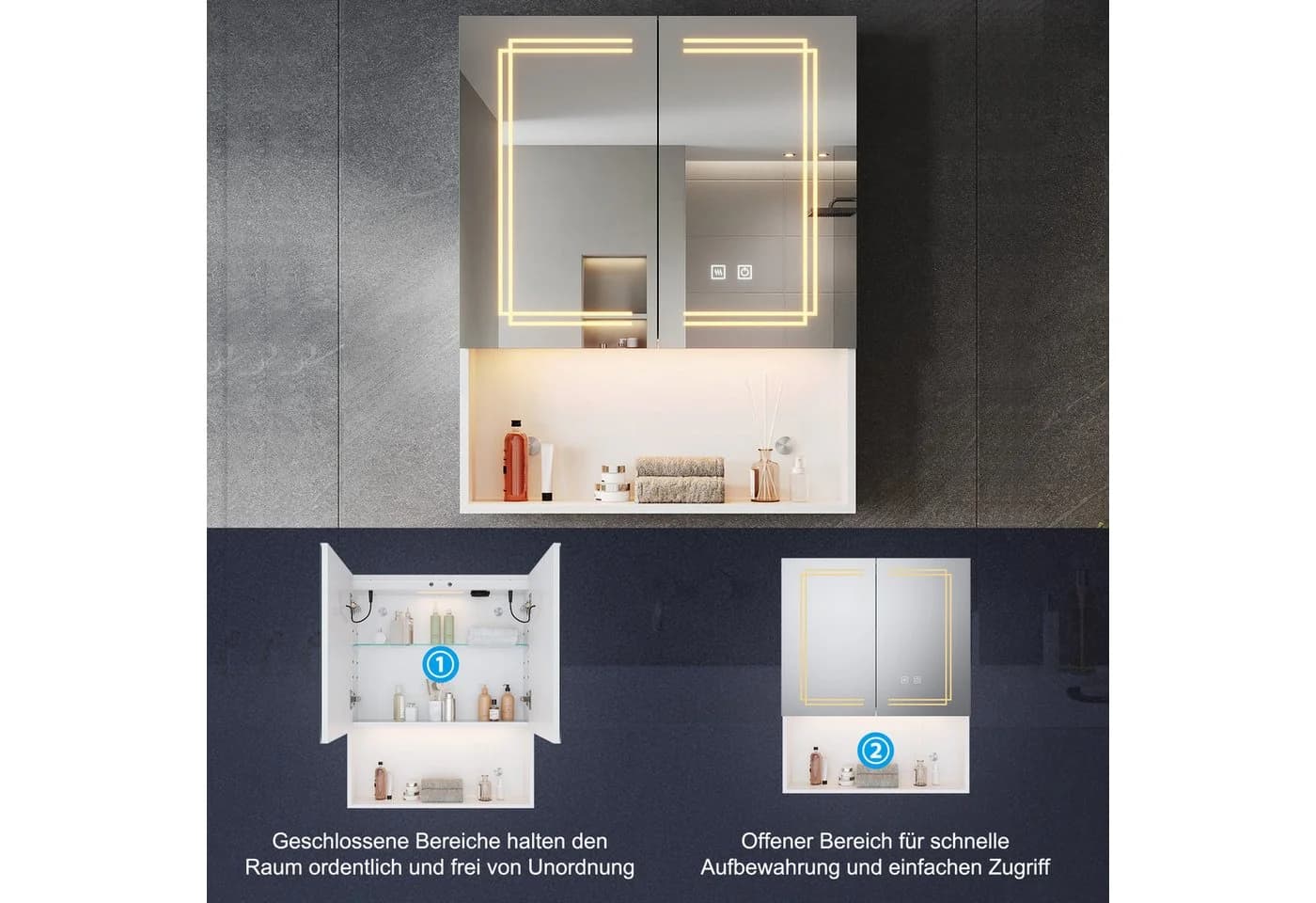 SONNI Spiegelschrank Hängeschrank 60x75cm mit LED und Antibeschlag - Bild 5