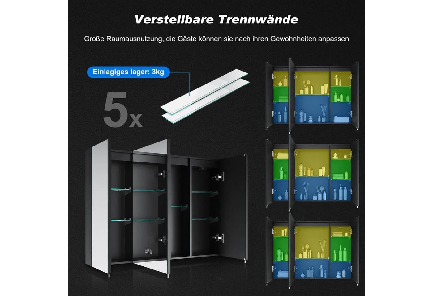SONNI Badezimmerspiegelschrank mit Beleuchtung und Lagerung, Spiegelschrank