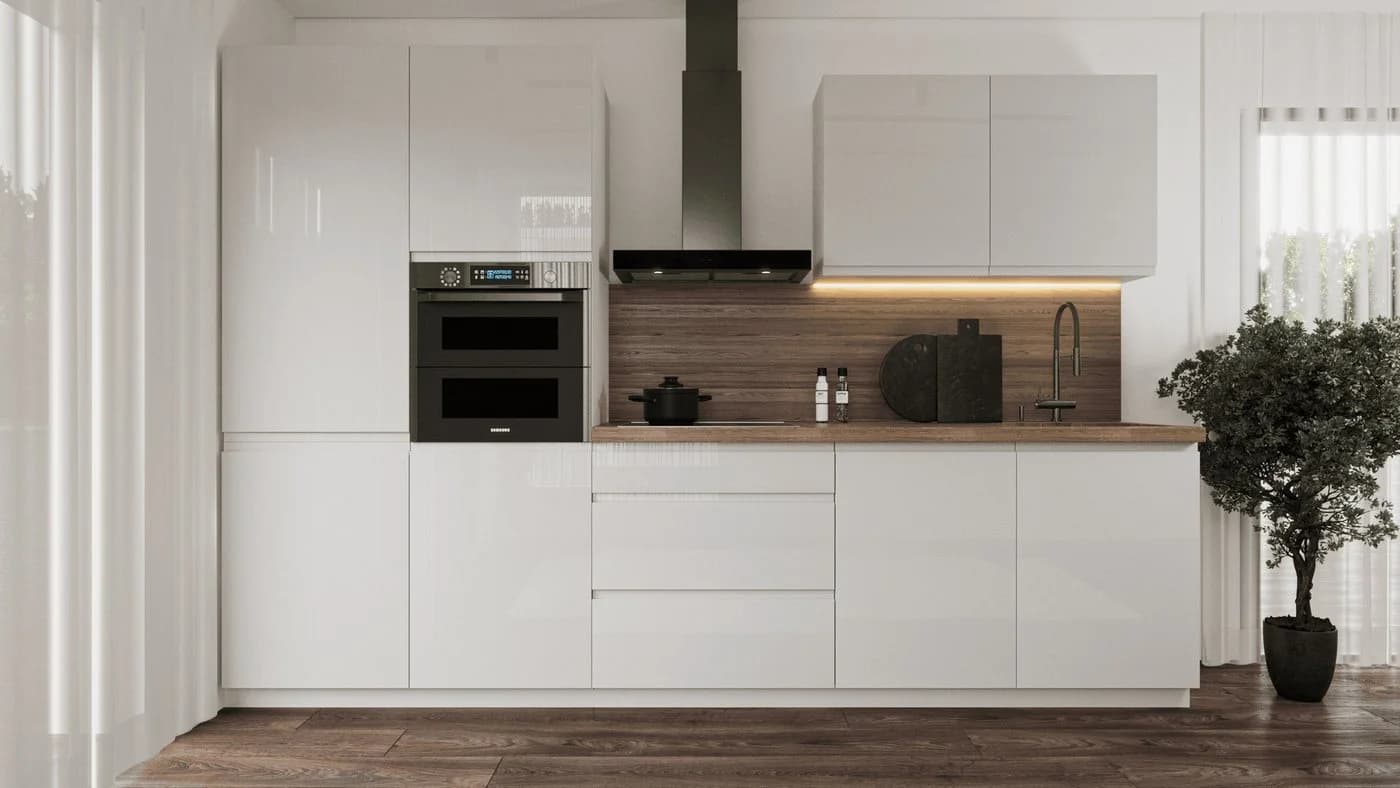 ROYAL24_MARKT Küchenzeile K57-G320 Aspen Hochglanz Grau/Weiß 320 cm