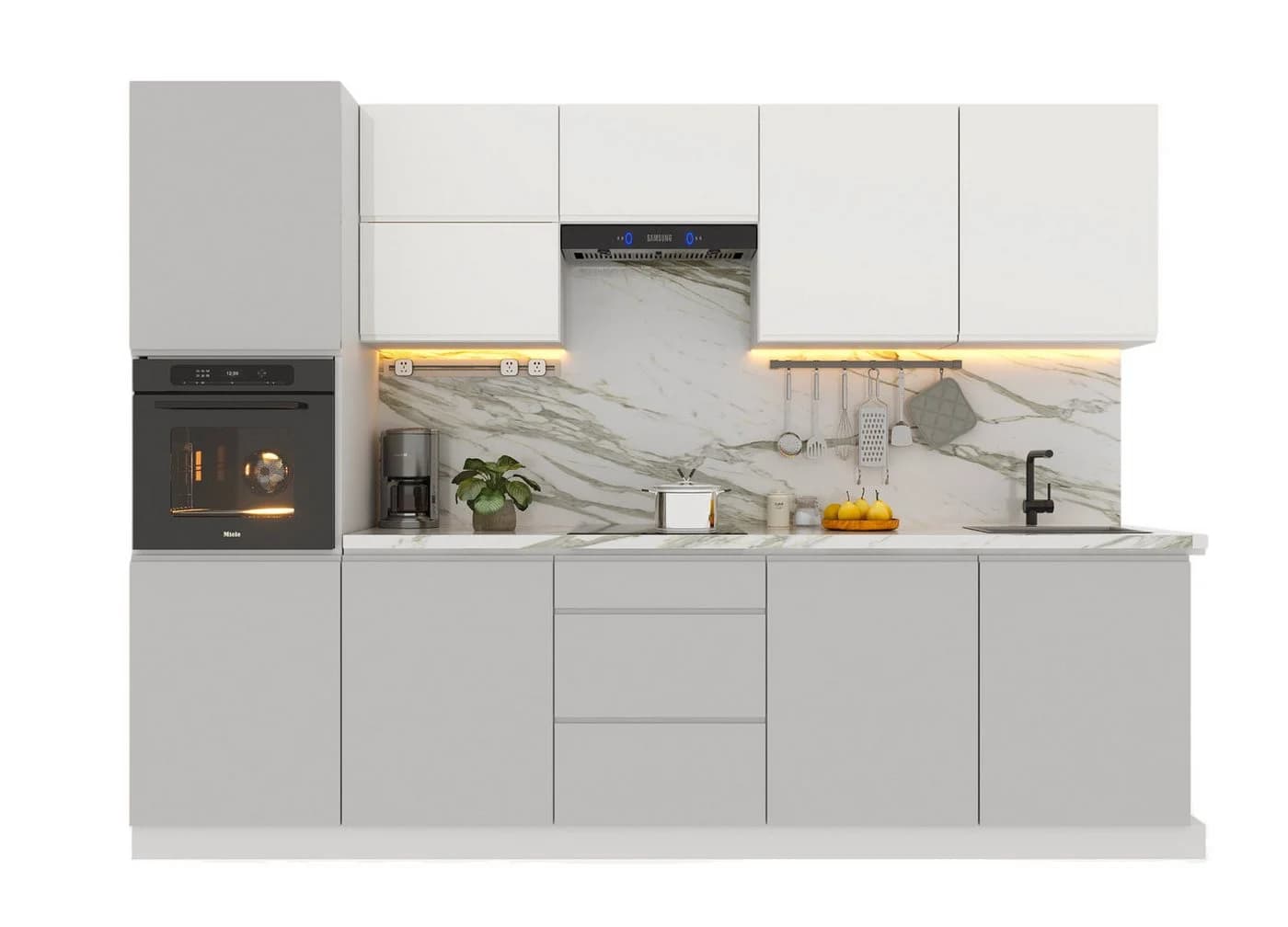 ROYAL24_MARKT Küchenzeile Aspen 300 cm Grau Weiß Hochglanz Komplett Set