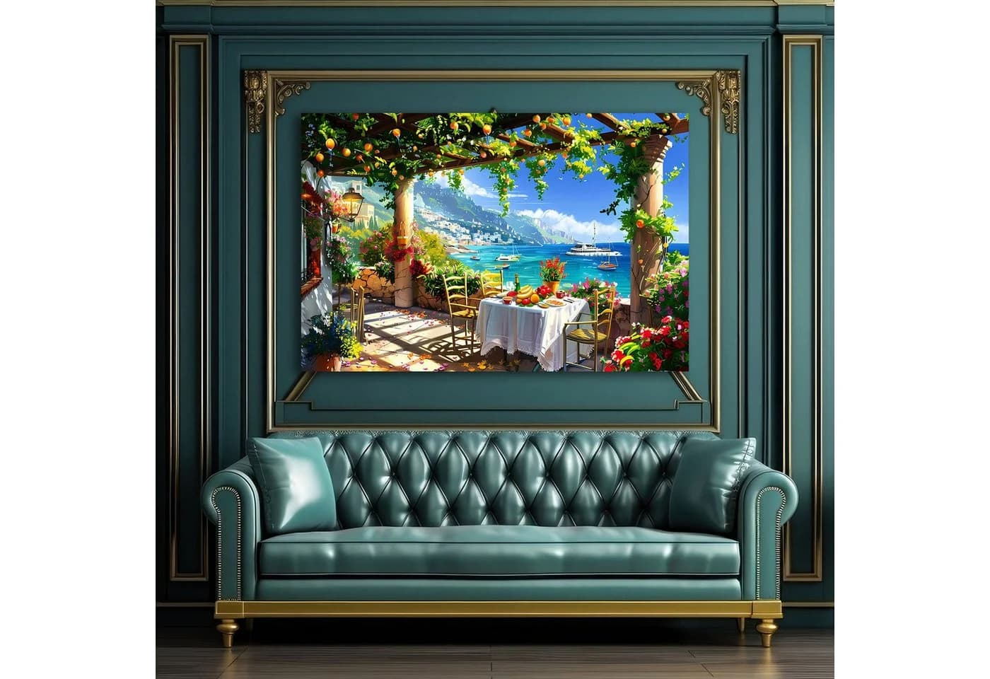 Artedinoi Leinwandbild Mediterrane Terrasse Meerblick Italien Wandbild