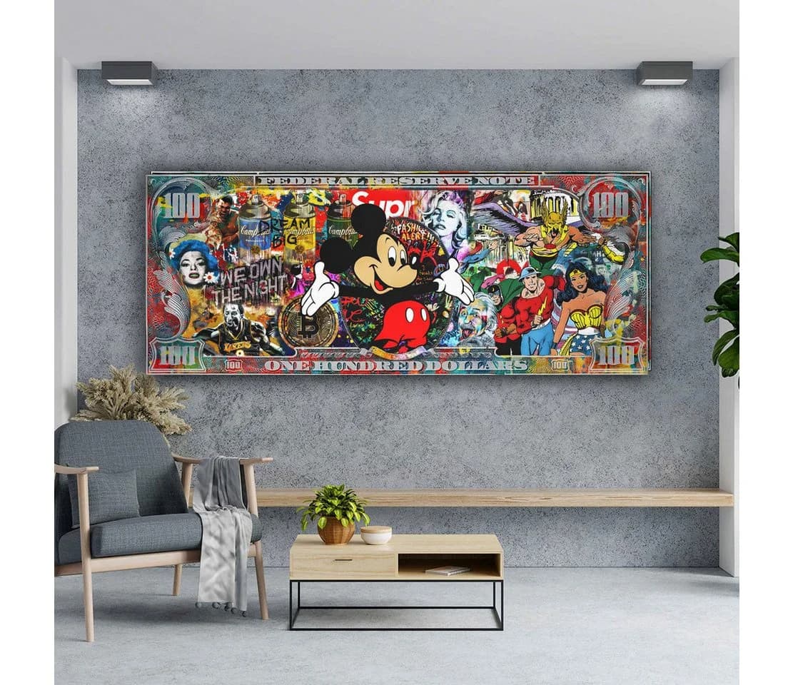 Artedinoi Leinwandbild Dollar Pop Art Maus XL Leinwandbild Wandbild Deko