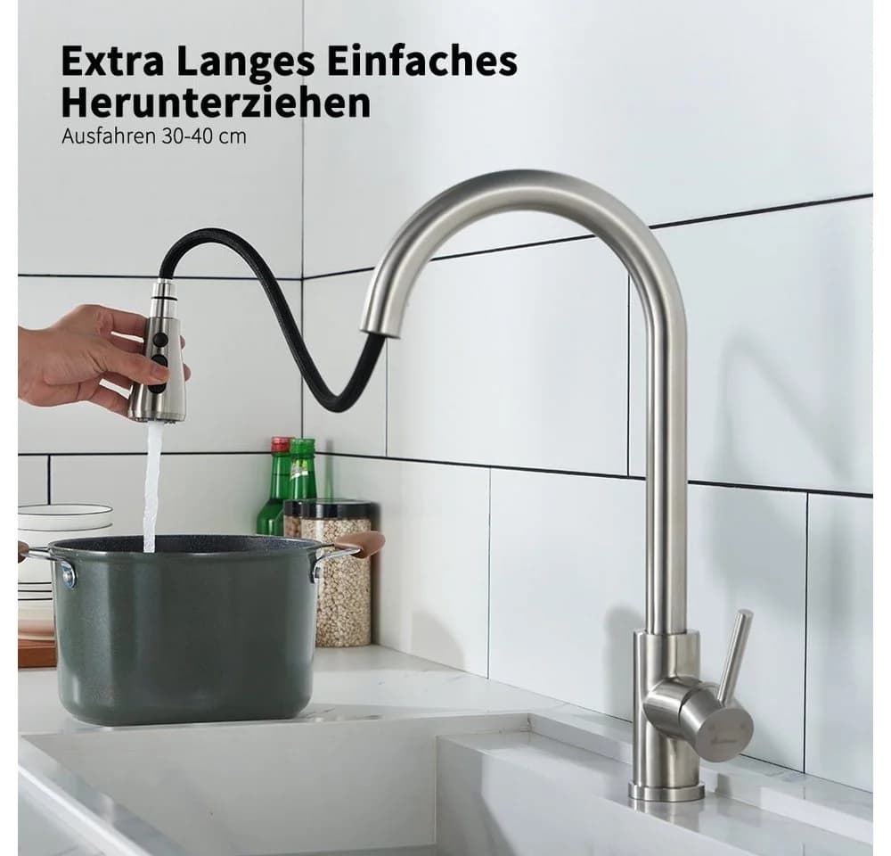 HOMELODY Küchenarmatur Hochdruck Wasserhahn 360° Ausziehbar Silber - Bild 3