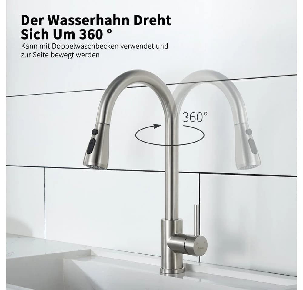 HOMELODY Küchenarmatur Hochdruck Wasserhahn 360° Ausziehbar Silber - Bild 4
