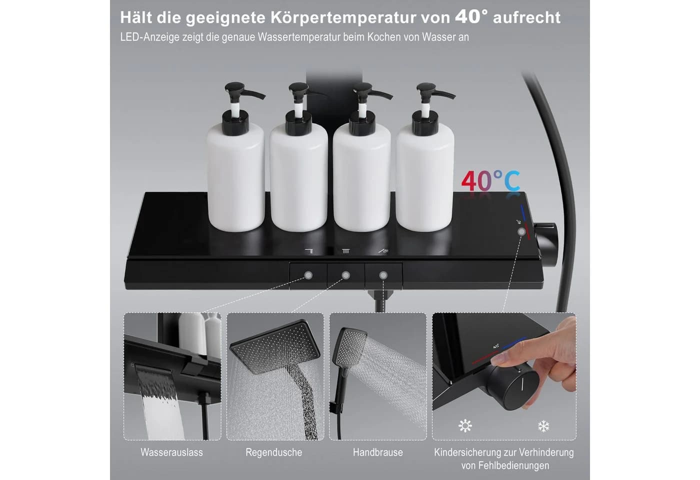 HOMELIVE Duschsystem mit Thermostat und Ablage Duschsäule mit Regendusche und Duscharmatur, mit Brausegarnitur und Kopfbrause, 30cm Kopfbraus, Schwarz