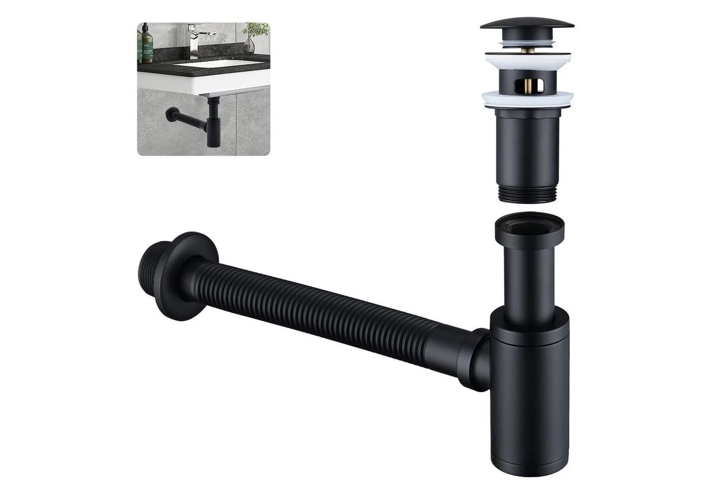 HOMELODY Ablaufgarnitur Siphon Pop-Up Ablaufgarnitur mit Überlauf Universal Röhrensiphon Set Waschtisch Bad Geruchsverschluss Stöpsel Abfluss Garnitur Schwarz