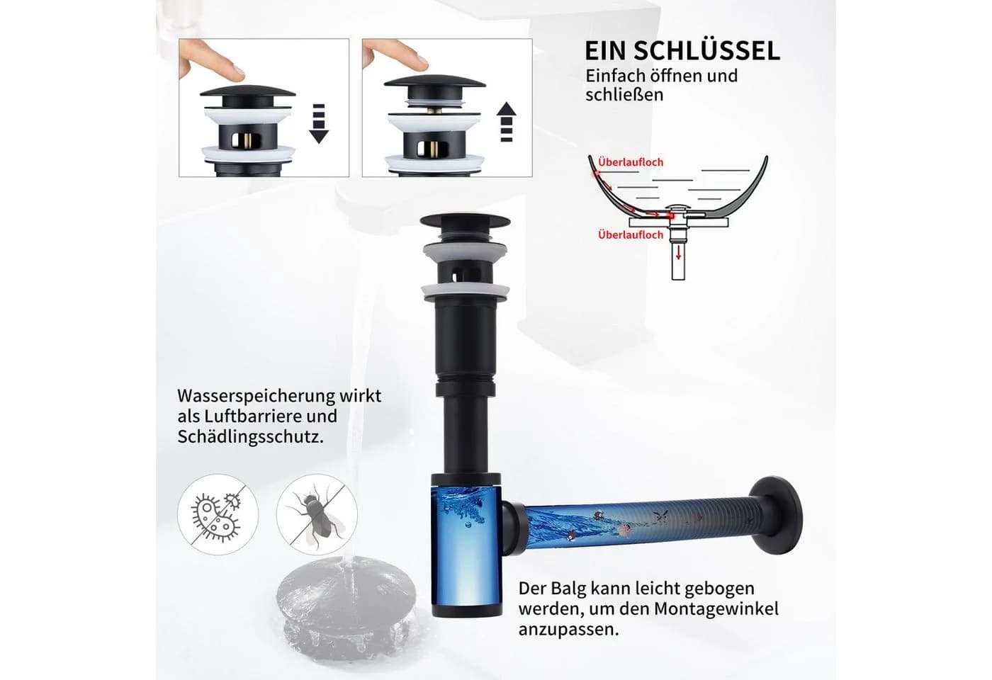 HOMELODY Ablaufgarnitur Siphon Pop-Up Ablaufgarnitur mit Überlauf Universal Röhrensiphon Set Waschtisch Bad Geruchsverschluss Stöpsel Abfluss Garnitur Schwarz - Bild 3