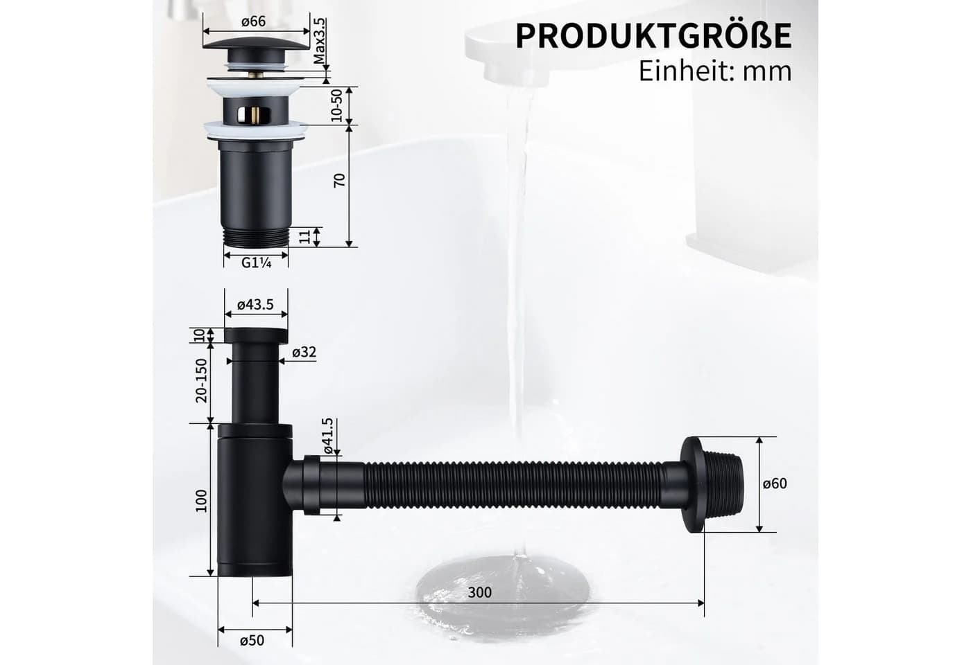 HOMELODY Ablaufgarnitur Siphon Pop-Up Ablaufgarnitur mit Überlauf Universal Röhrensiphon Set Waschtisch Bad Geruchsverschluss Stöpsel Abfluss Garnitur Schwarz - Bild 5