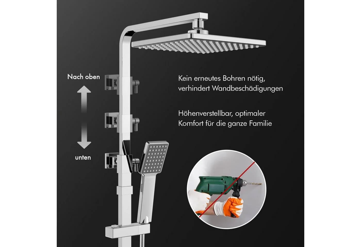 HOMELODY Duschsystem Duschset mit Thermostat 38°C verstellbare Duschstange aus Edelstahl, 2 Strahlarten, Handbrause, 9-Zoll Überkopfbrause, verchromt - Bild 5