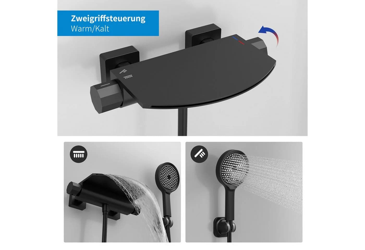 HOMELODY Badewannenarmatur Schwarz Wasserfall Wannenarmatur Messing - Bild 4