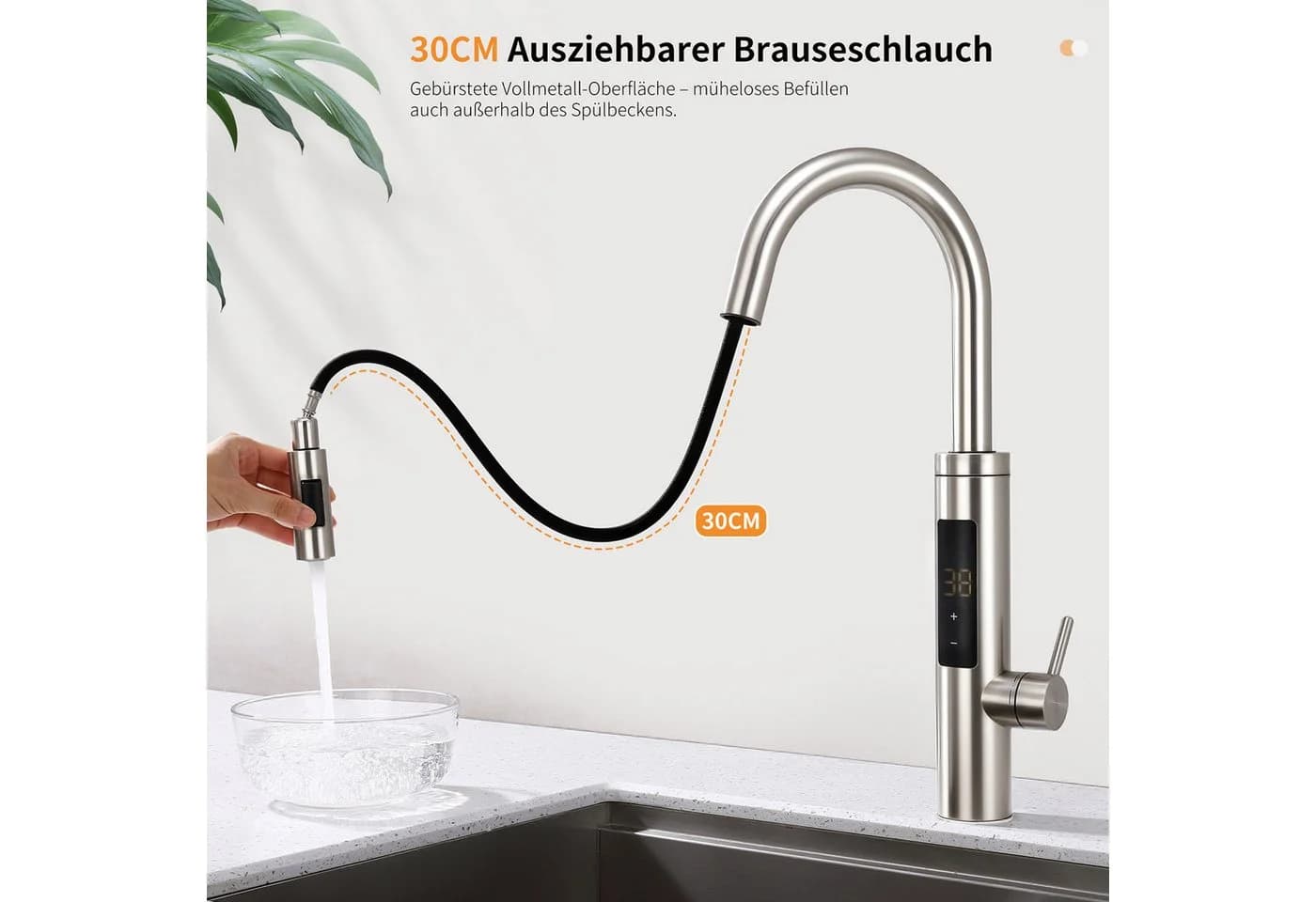HOMELODY Küchenarmatur mit LED-Display, ausziehbarer Brause & Sofortheizung, 360° drehbare Touch-Steuerung