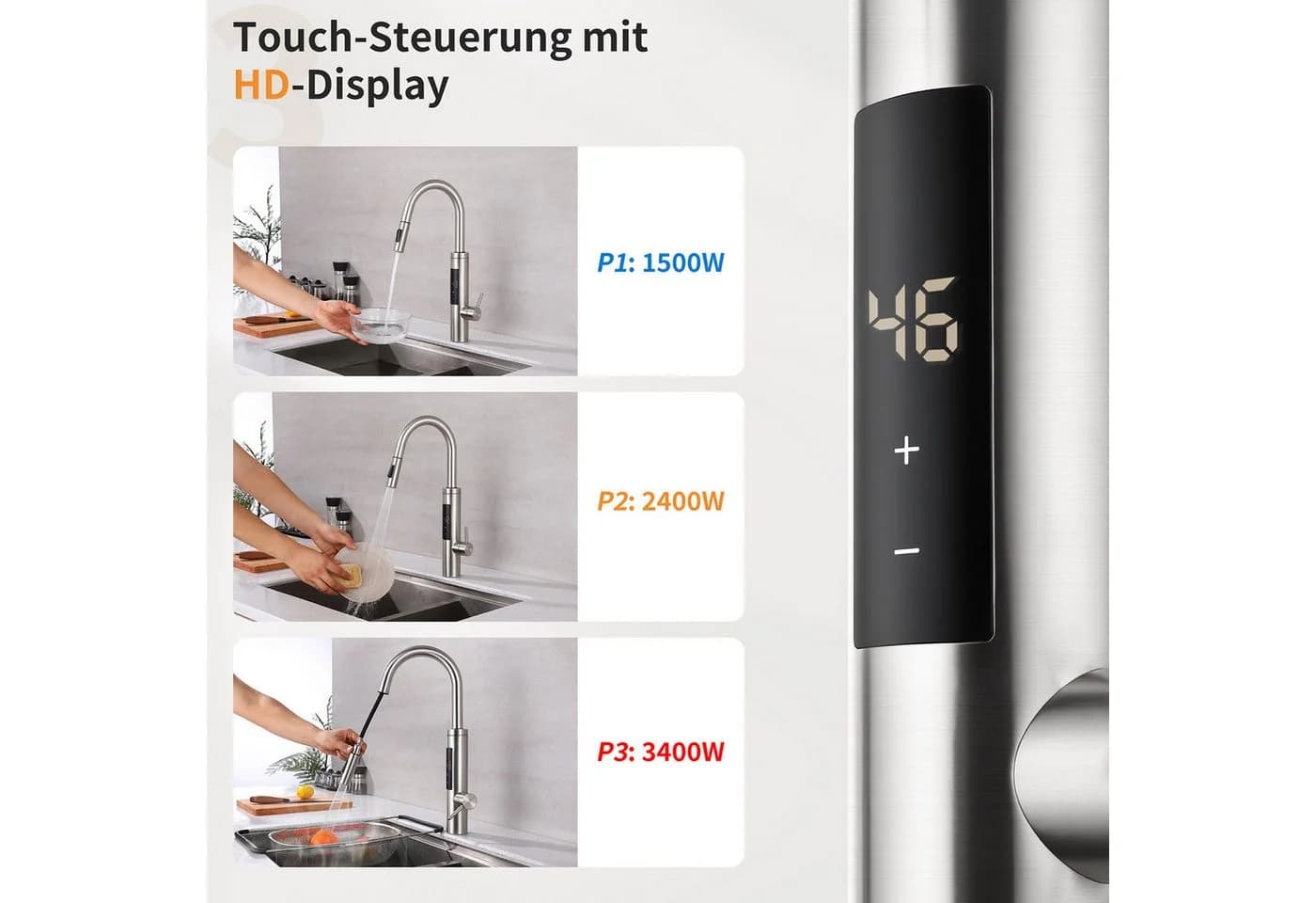 HOMELODY Küchenarmatur mit LED-Display, ausziehbarer Brause & Sofortheizung, 360° drehbare Touch-Steuerung - Bild 3