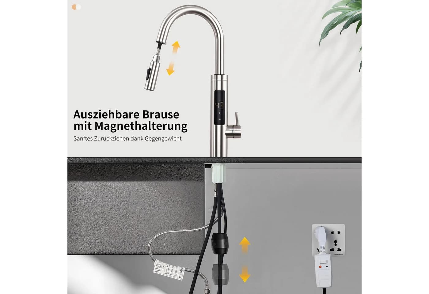 HOMELODY Küchenarmatur mit LED-Display, ausziehbarer Brause & Sofortheizung, 360° drehbare Touch-Steuerung - Bild 5