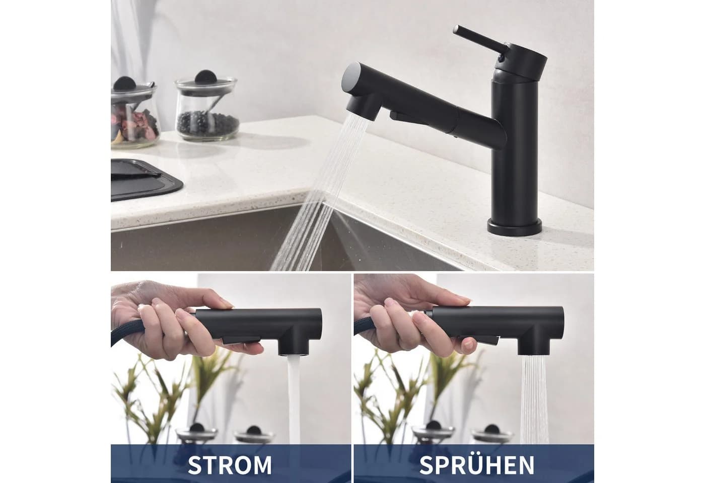HOMELODY Waschtischarmatur Bad Schwarz Wasserhahn Ausziehbar Brause Mischbatterie Küche Spültischarmatur ausziehbarer Auslauf