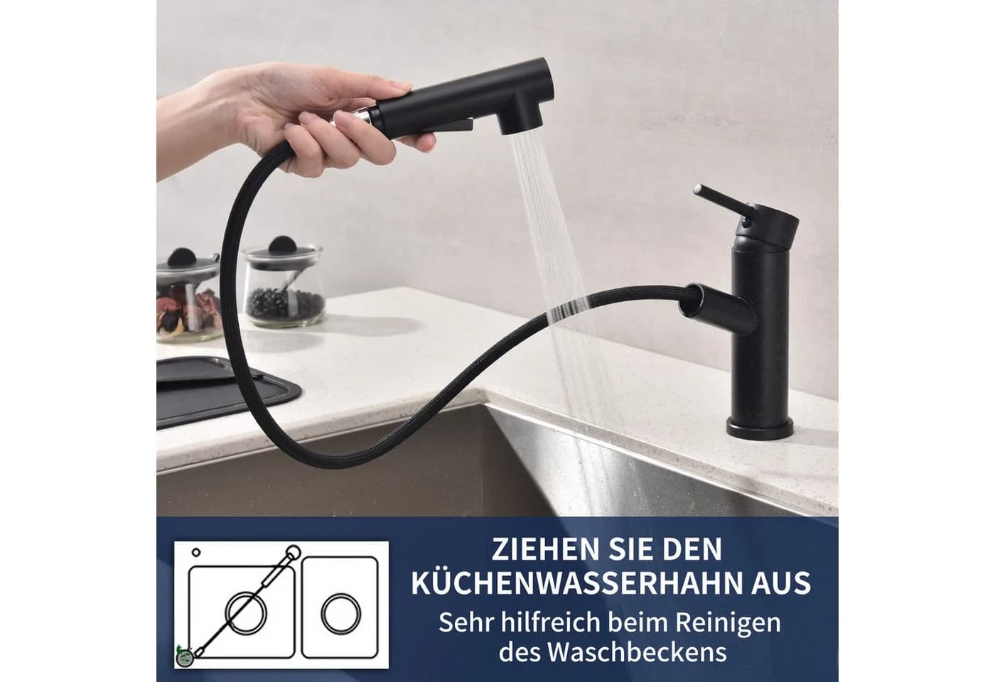 HOMELODY Waschtischarmatur Bad Schwarz Wasserhahn Ausziehbar Brause Mischbatterie Küche Spültischarmatur ausziehbarer Auslauf - Bild 3
