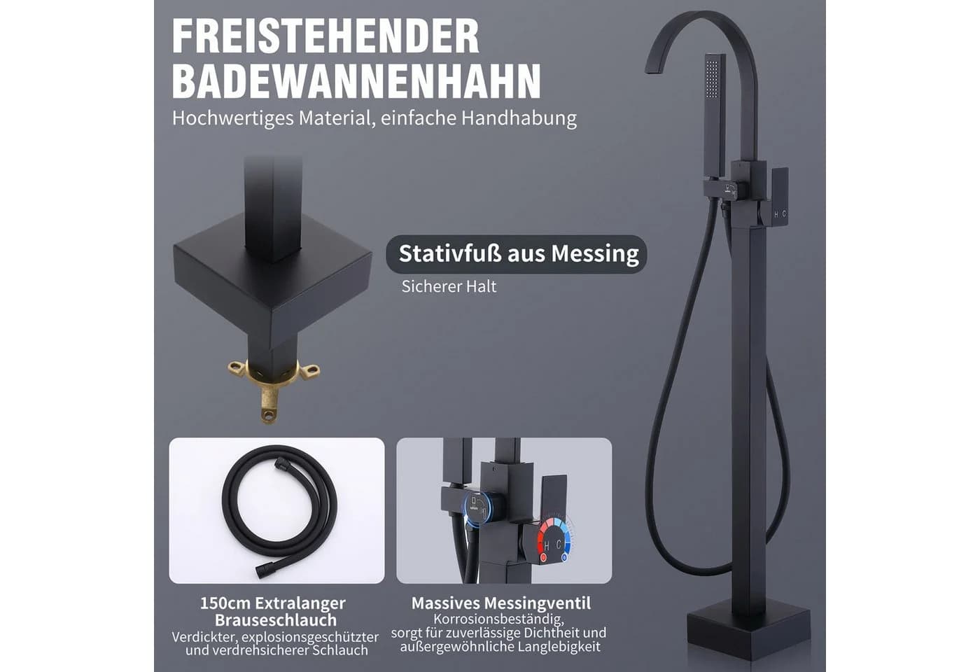 HOMELODY Wannenarmatur Schwarz freistehende Wannenarmatur Messing - Bild 3