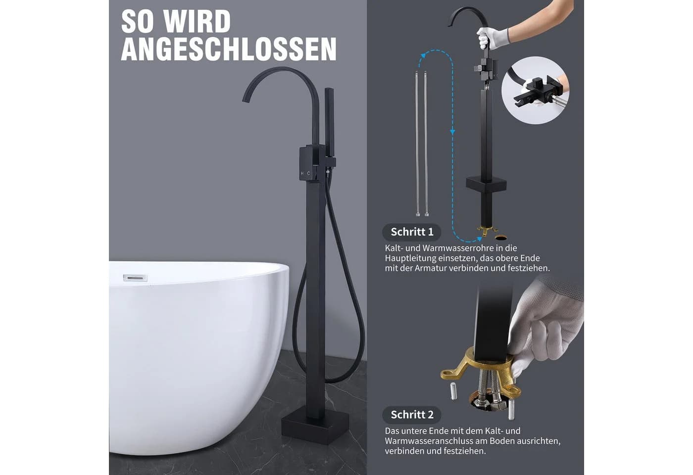 HOMELODY Wannenarmatur Schwarz freistehende Wannenarmatur Messing - Bild 4