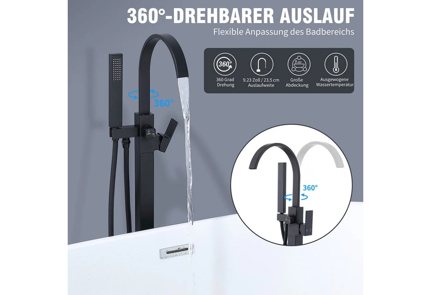 HOMELODY Wannenarmatur Schwarz freistehende Wannenarmatur Messing - Bild 5