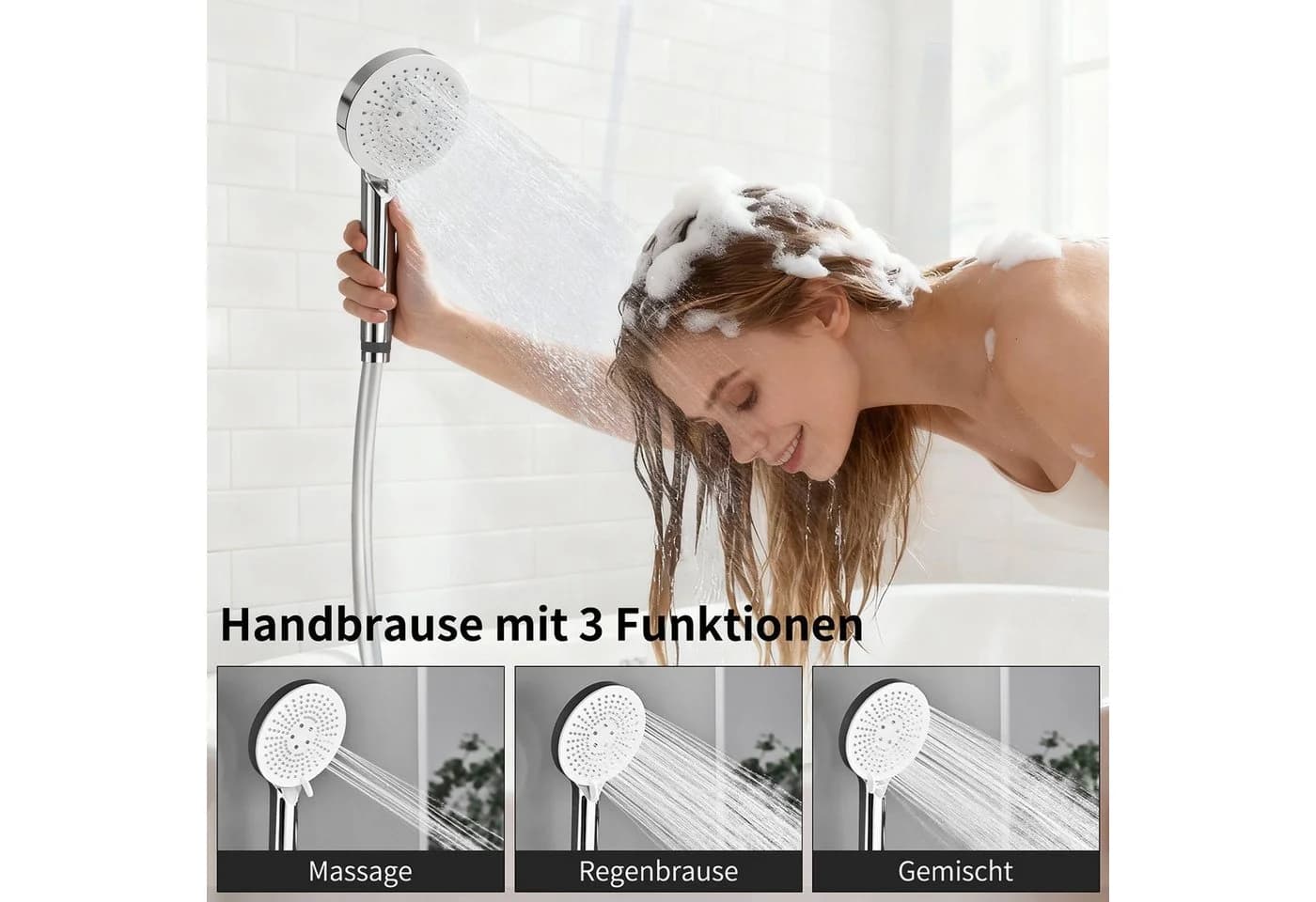 HOMELODY Duschsystem Badewannenarmatur mit Ablage 370 mm und 3-Funktions-Handbrause - Bild 4