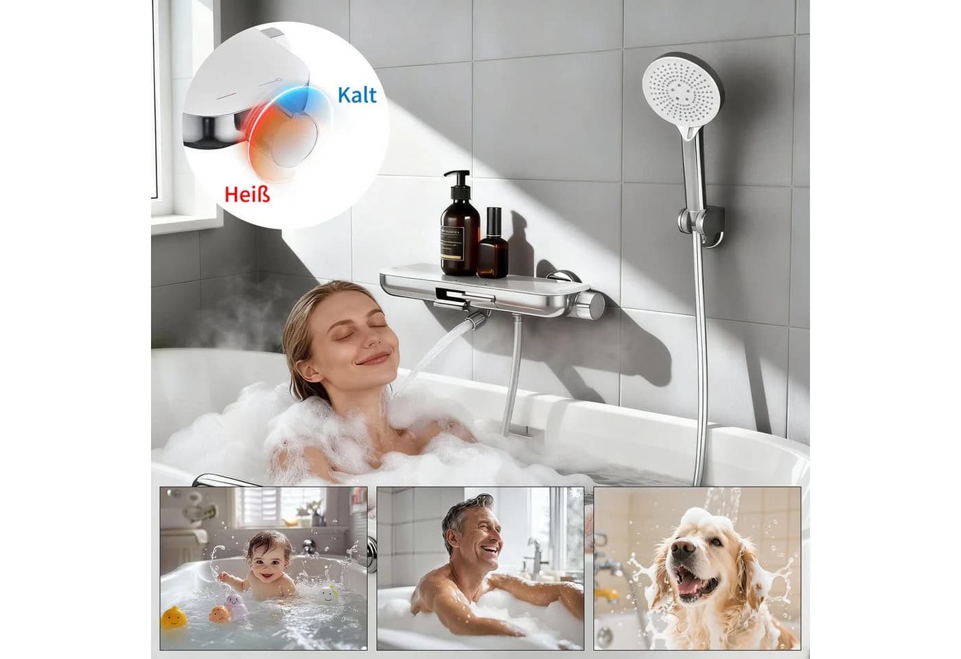 HOMELODY Duschsystem Badewannenarmatur mit Ablage 370 mm und 3-Funktions-Handbrause - Bild 5