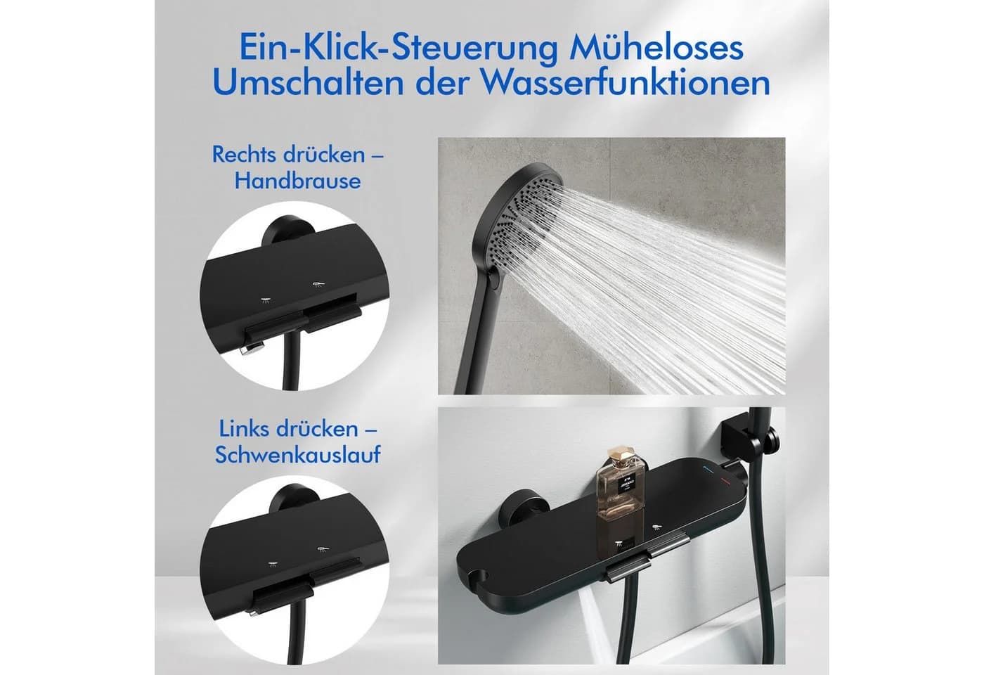 HOMELODY Duschsystem Badewannenarmatur mit Ablage 370 mm und 3-Funktions-Handbrause - Bild 3