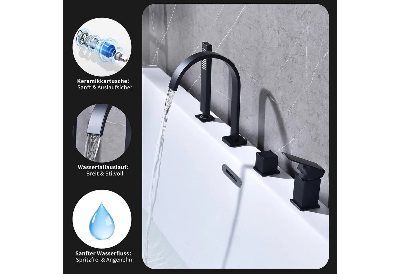 HOMELODY Badarmatur 4 Loch Handbrause Badewannenarmatur Set