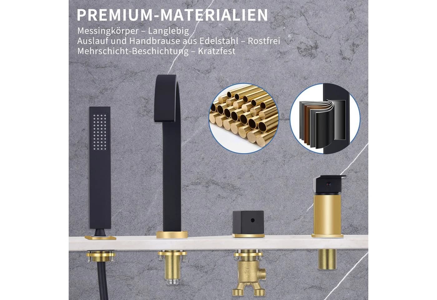 HOMELODY Badarmatur 4 Loch Handbrause Badewannenarmatur Set - Bild 4