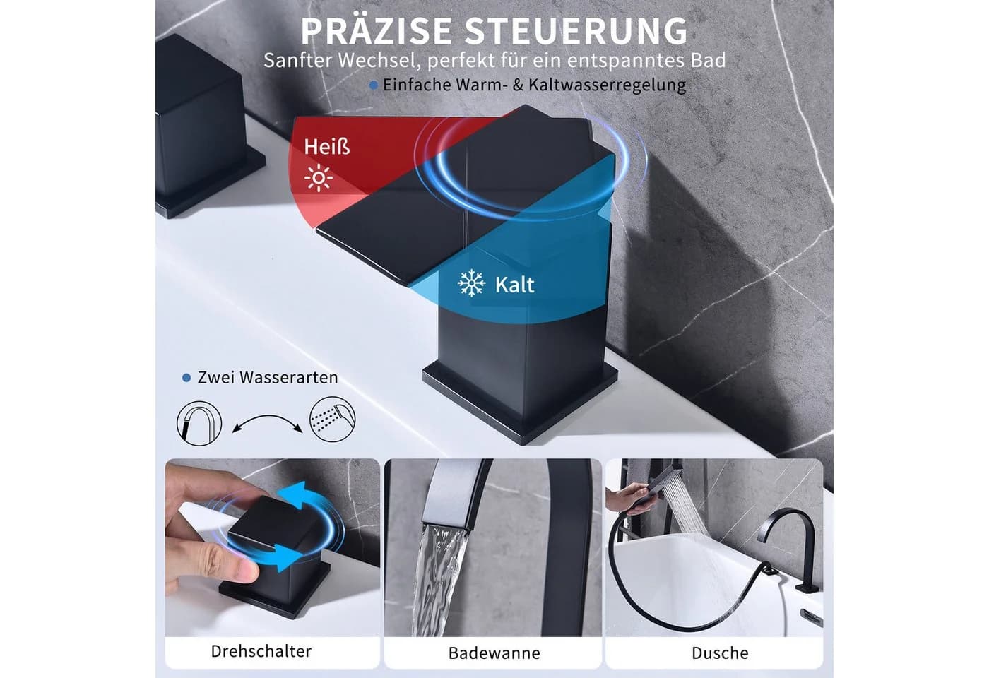 HOMELODY Badarmatur 4 Loch Handbrause Badewannenarmatur Set - Bild 5