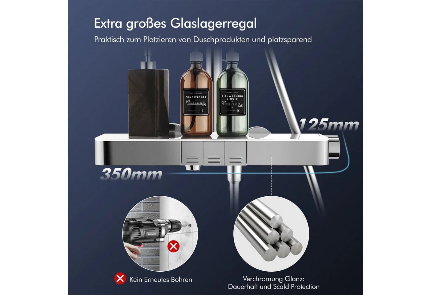 HOMELODY Duschsystem mit Thermostat, Ablage und Handbrause, 12" Regendusche, Chrom - Bild 3