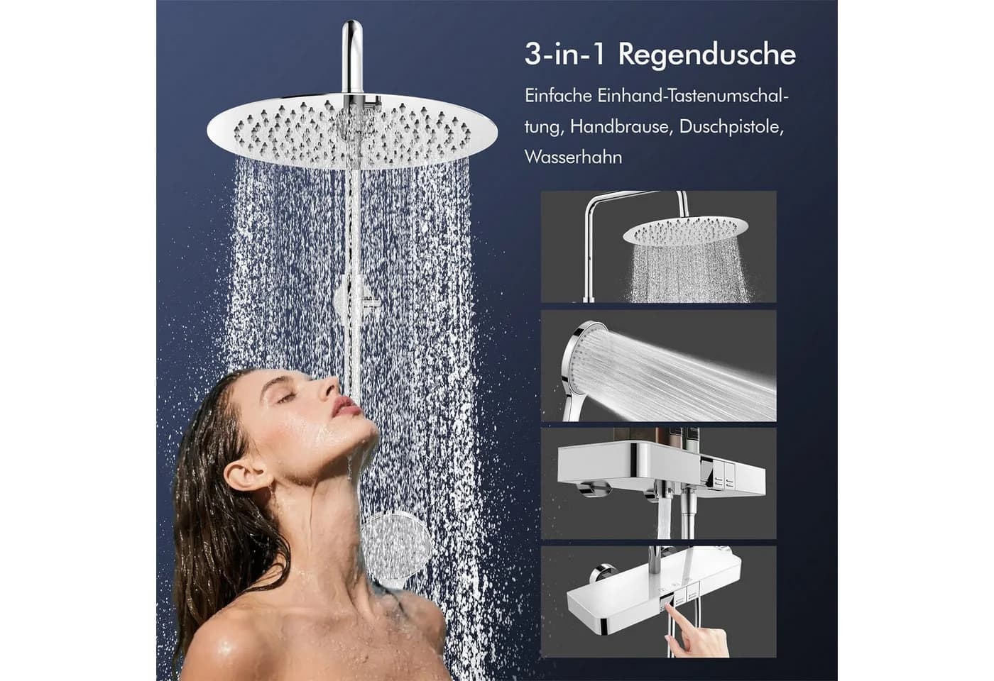 HOMELODY Duschsystem mit Thermostat, Ablage und Handbrause, 12" Regendusche, Chrom - Bild 5