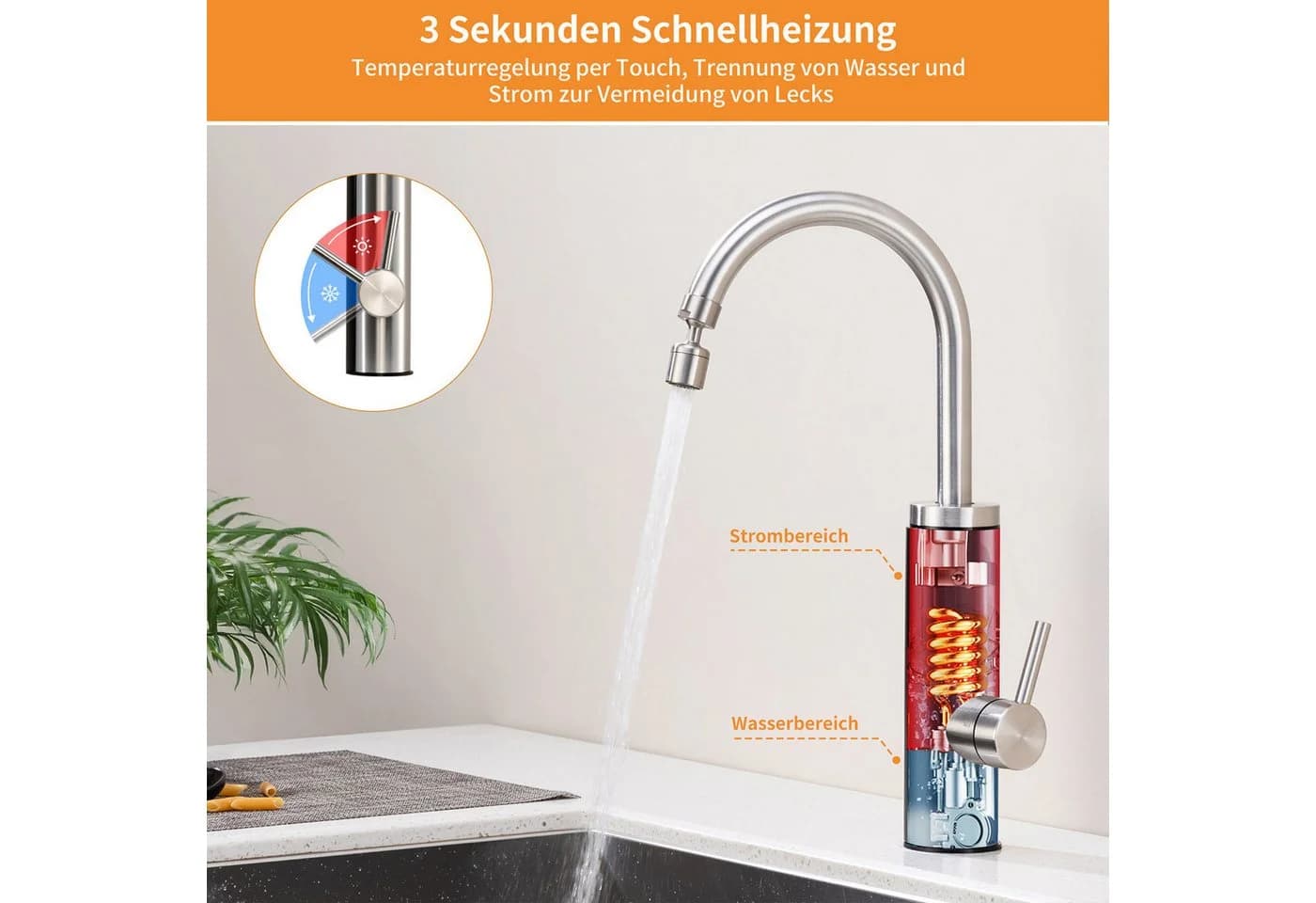 HOMELODY Küchenarmatur mit Durchlauferhitzer, 360° drehbar, 3-Stufen Touchregelung, Gebürstet - Bild 4