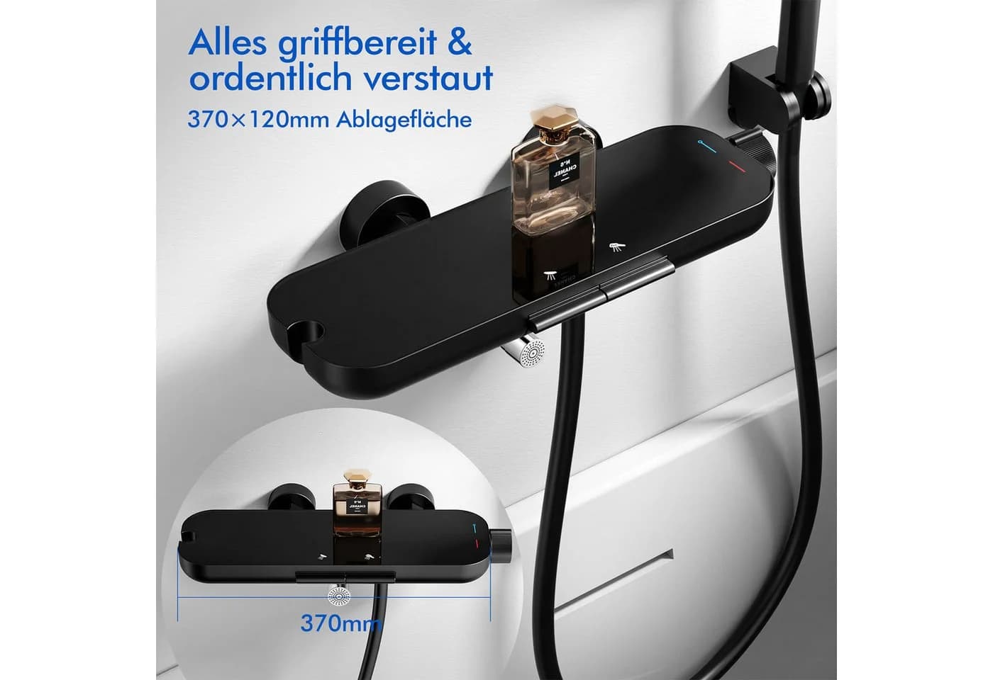 HOMELODY Brausegarnitur Badewannenarmatur mit Ablage 370 mm und 3-Funktions-Handbrause