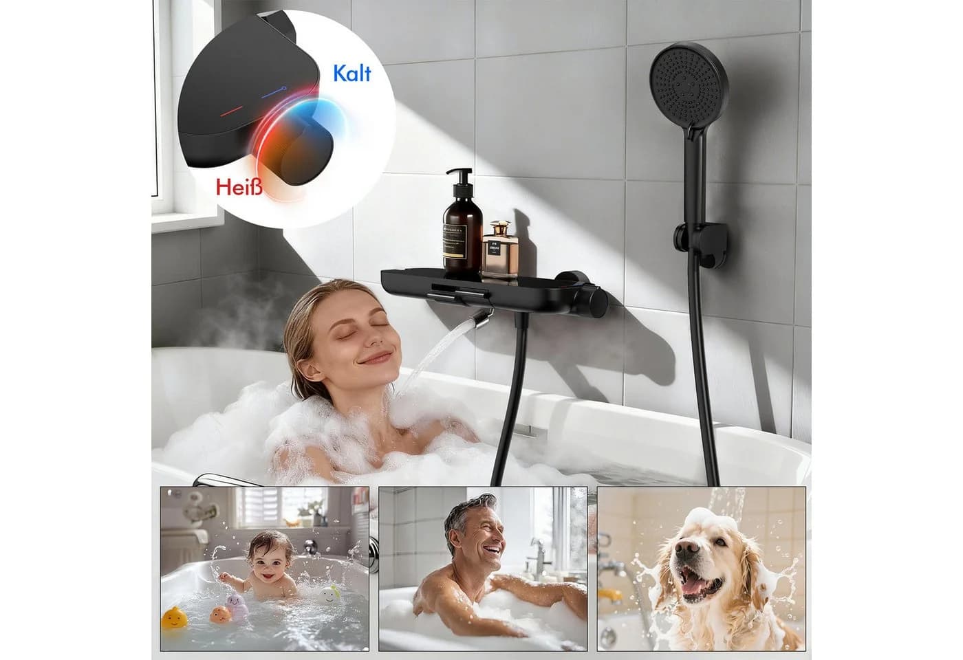 HOMELODY Brausegarnitur Badewannenarmatur mit Ablage 370 mm und 3-Funktions-Handbrause - Bild 3