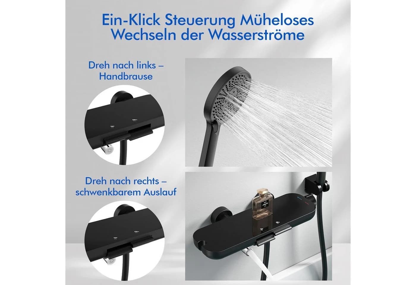 HOMELODY Brausegarnitur Badewannenarmatur mit Ablage 370 mm und 3-Funktions-Handbrause - Bild 5