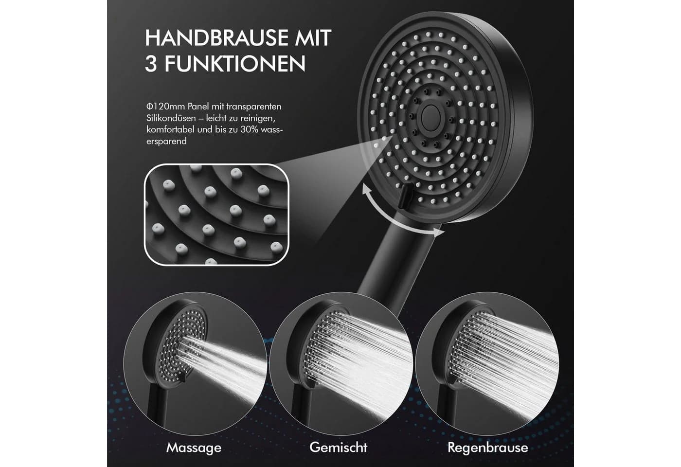 HOMELODY Duschsystem mit Regendusche, Handbrause und Thermostat Schwarz - Bild 5