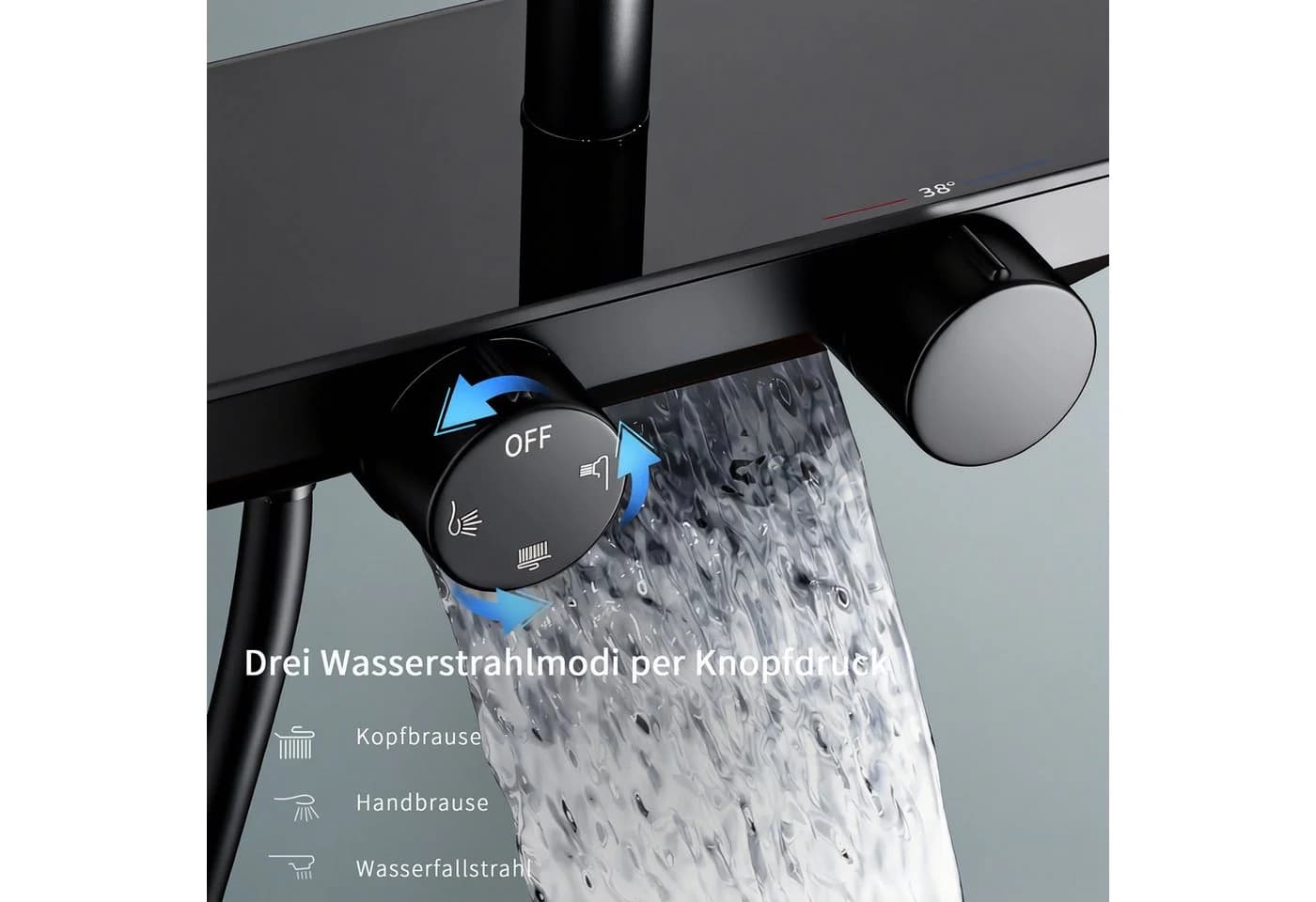 HOMELODY Duschsystem mit Thermostat und Glasablage in Schwarz, 3 Strahlarten, 12 Zoll Regendusche - Bild 3