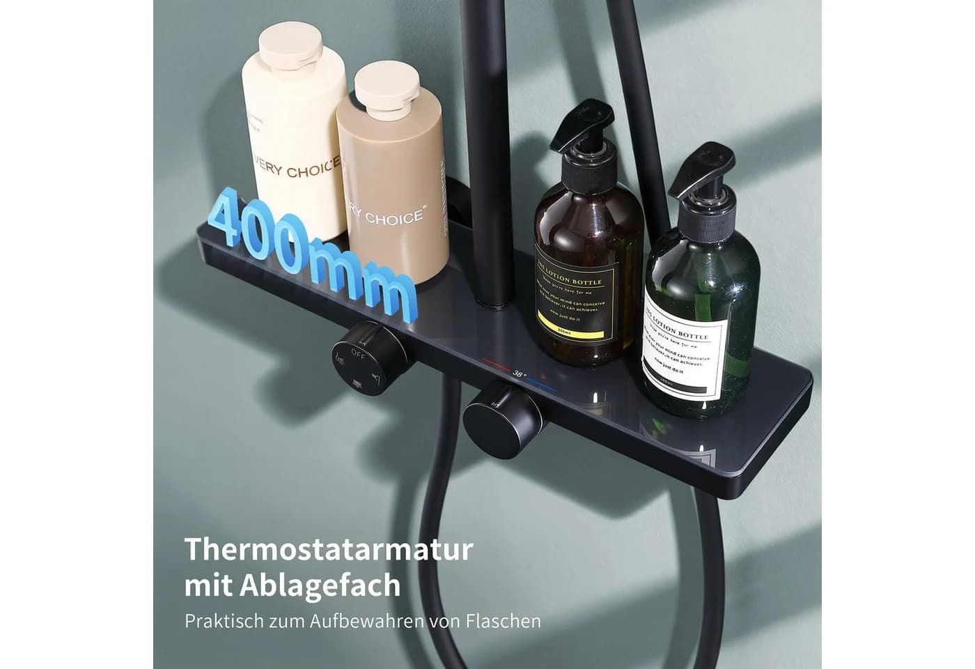 HOMELODY Duschsystem mit Thermostat und Glasablage in Schwarz, 3 Strahlarten, 12 Zoll Regendusche - Bild 4