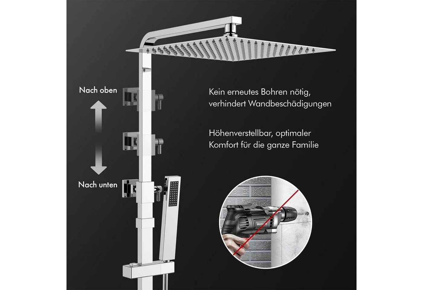 HOMELODY Duschsystem 30x30cm Regenduschset mit Thermostat Chrom/Schwarz - Bild 4