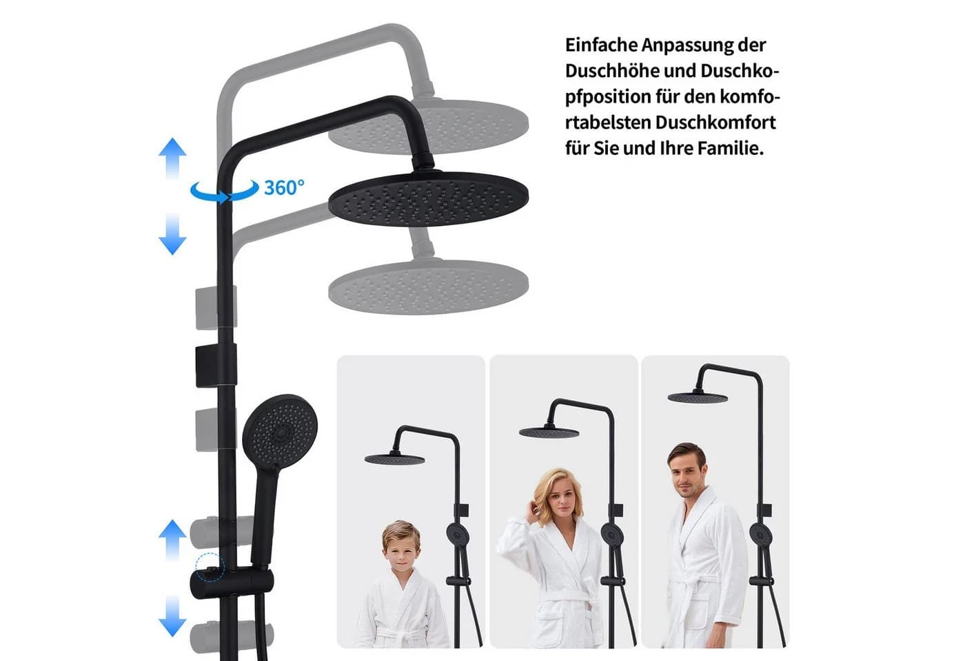 HOMELODY Duschsystem Regendusche Schwarz höhenverstellbar mit 4-Funktionen Handbrause - Bild 5