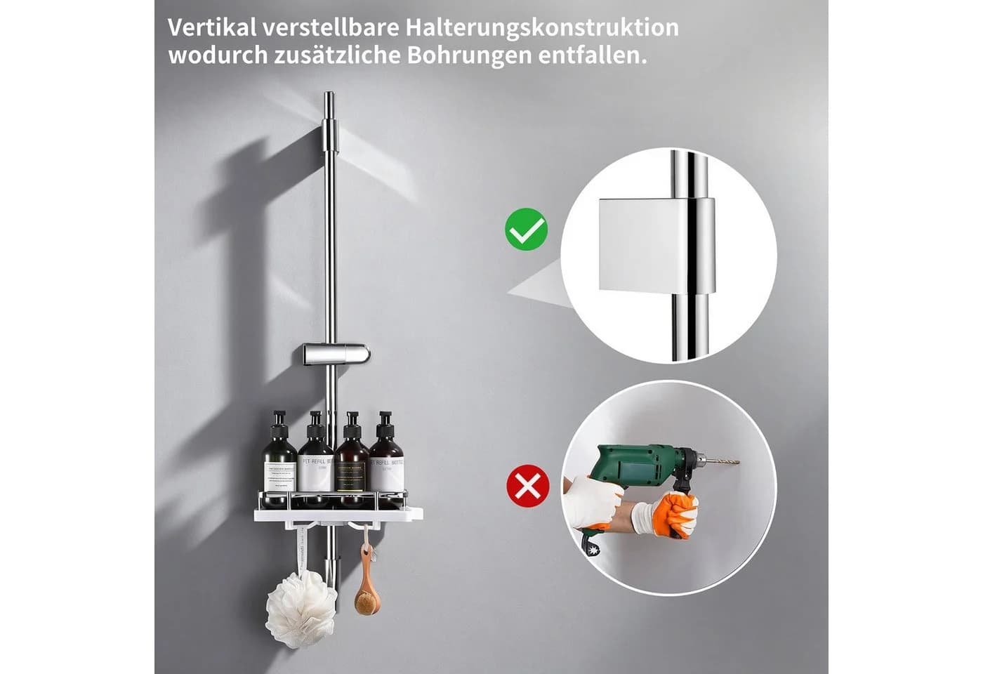 HOMELODY Duschstange höhenverstellbar mit Ablage, Chrom - Bild 3