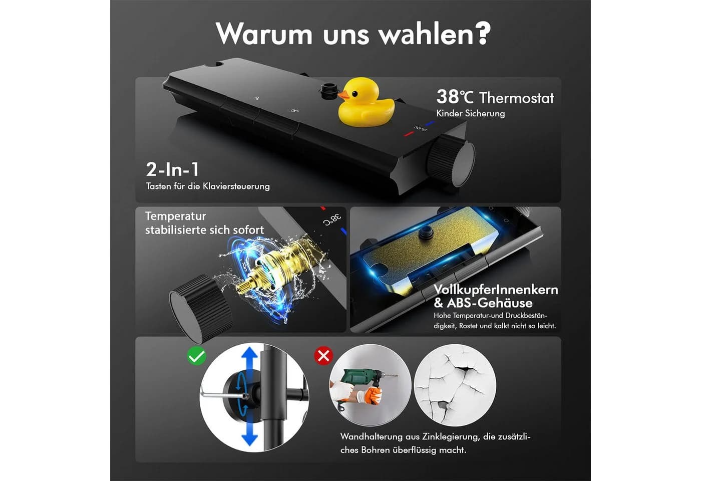 HOMELODY Duschsystem Thermostat Schwarz mit Glasablage - Bild 3