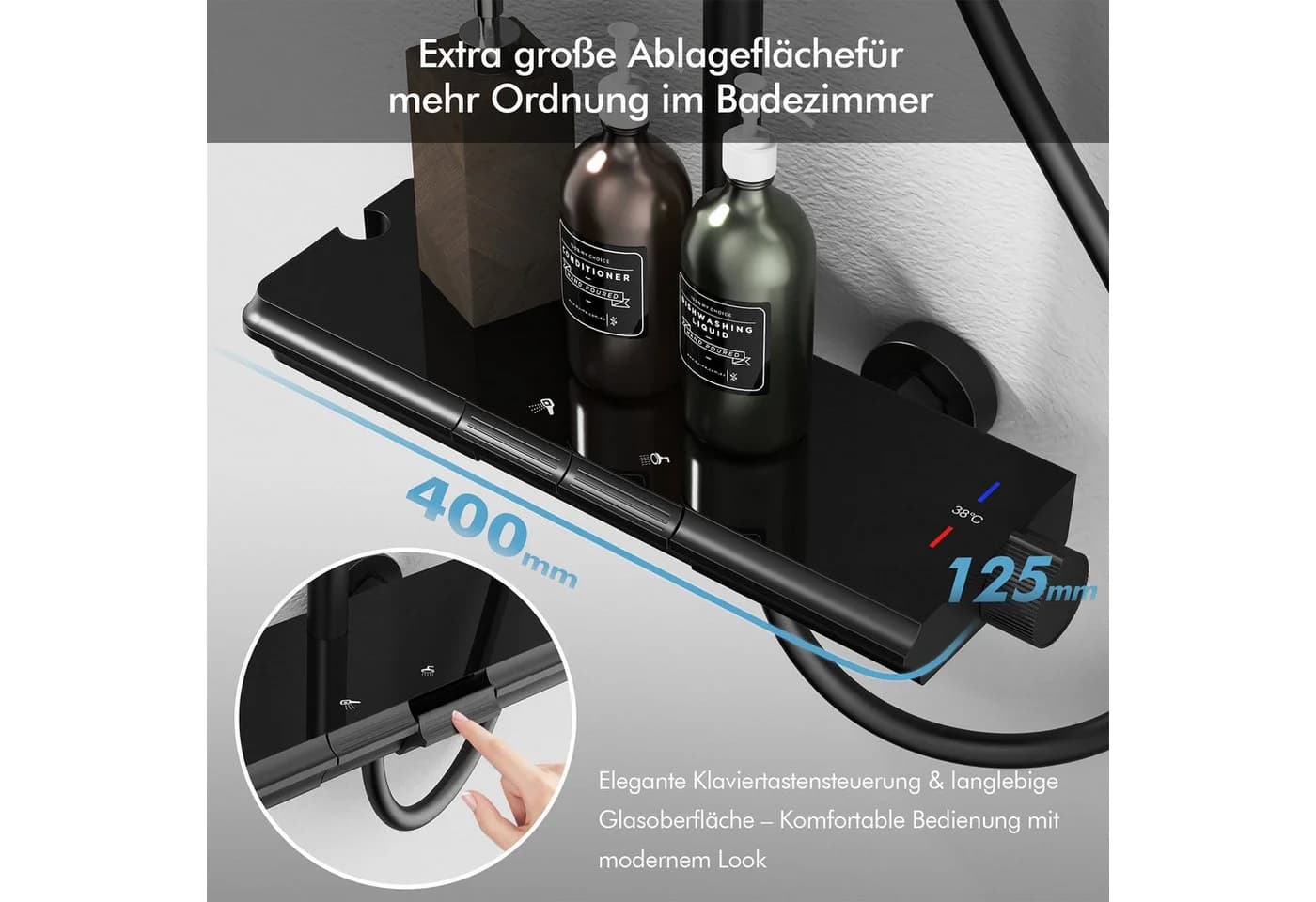HOMELODY Duschsystem Thermostat Schwarz mit Glasablage - Bild 4