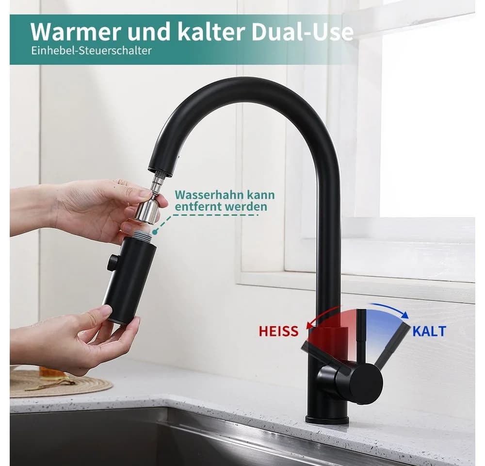 HOMELIVE Spültischarmatur Wasserhahn Küche ausziehbar Küchenarmatur mit 2 Strahlarten - Bild 3