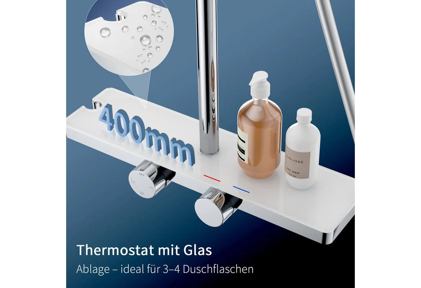 HOMELODY Duschsystem Thermostat Glasablage Schwarz 3 Strahlarten 12 Zoll - Bild 4