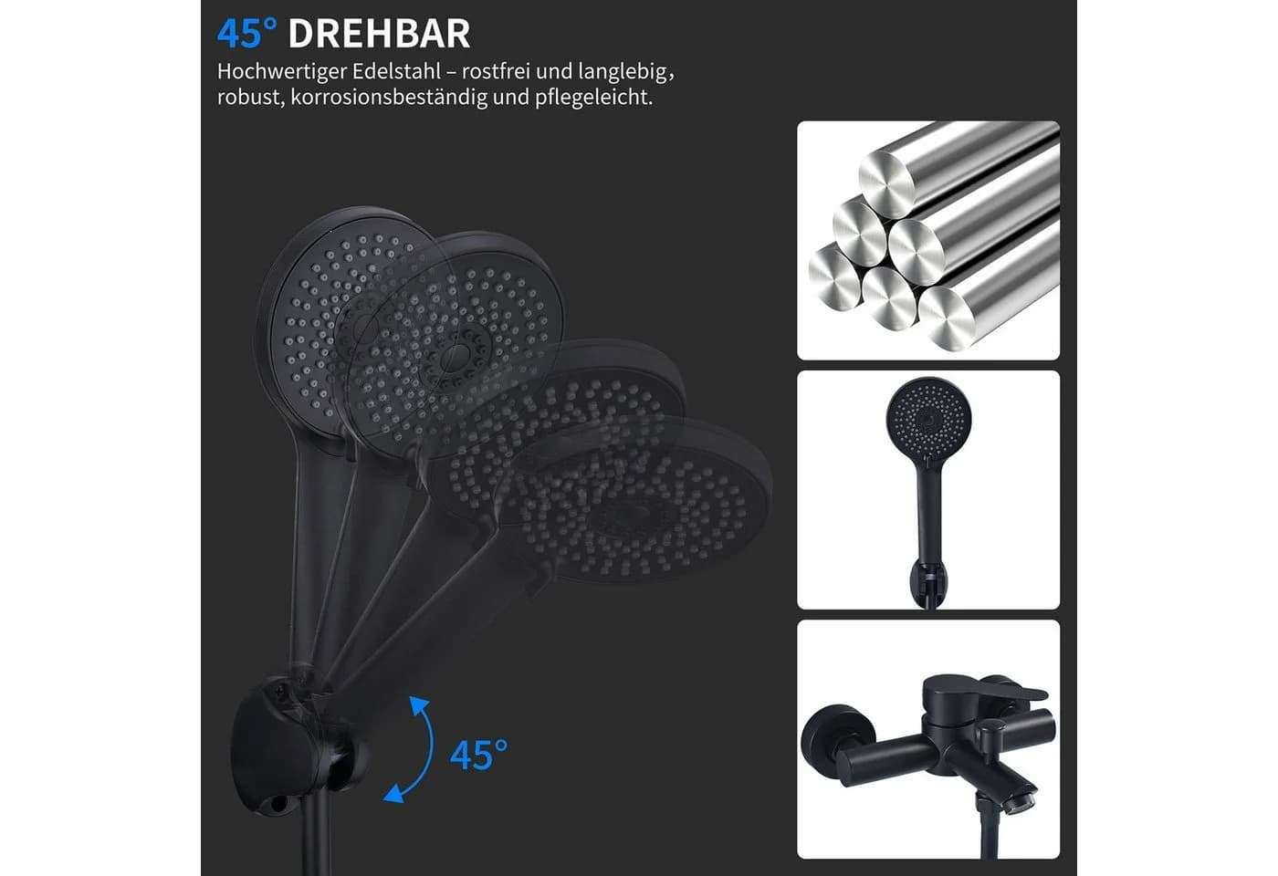 HOMELIVE Duschsystem Duscharmatur Set Schwarz mit 4-strahliger Handbrause - Bild 4