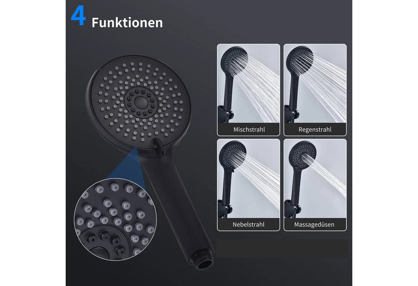 HOMELIVE Duschsystem Duscharmatur Set Schwarz mit 4-strahliger Handbrause - Bild 5